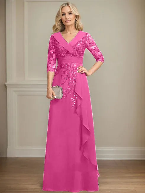 A-line Collared V-Neck Floor-Length Lace Chiffon Mother of the Bride Dress With Sequins Cascading Ruffles