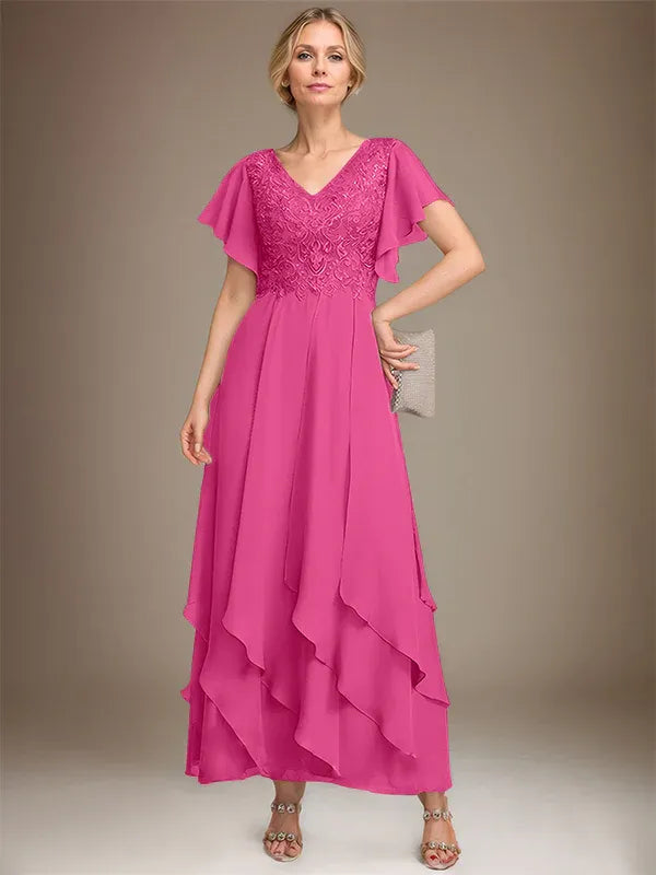 A-line V-Neck Ankle-Length Lace Chiffon Mother of the Bride Dress With Cascading Ruffles