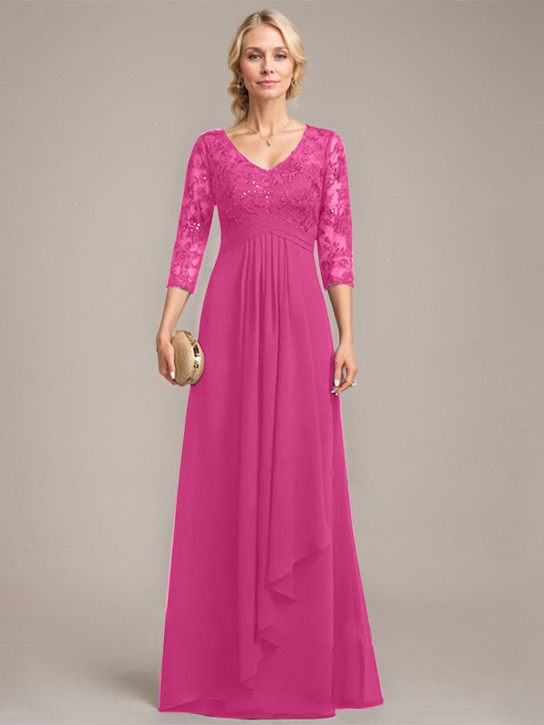 A-line V-Neck Floor-Length Lace Chiffon Mother of the Bride Dress With Cascading Ruffles Sequins