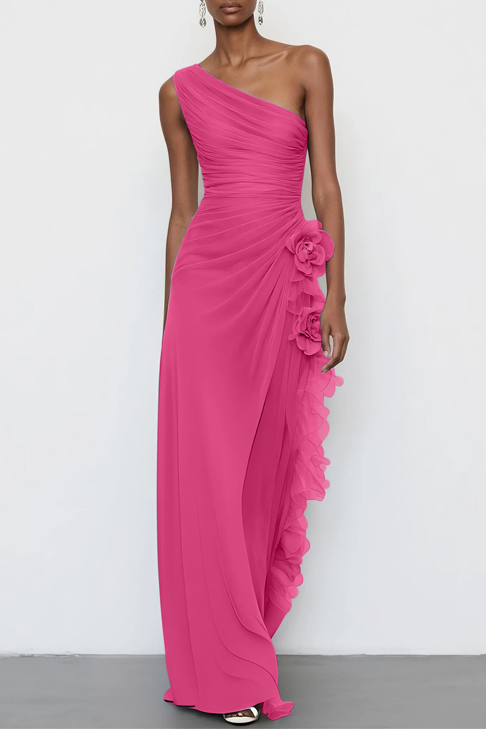 3D Floral Chiffon One Shoulder Sleeveless Sheath Maxi Dress