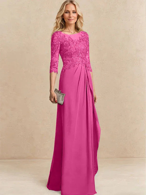 A-line Scoop Illusion Floor-Length Chiffon Lace Mother of the Bride Dress With Beading Sequins Cascading Ruffles