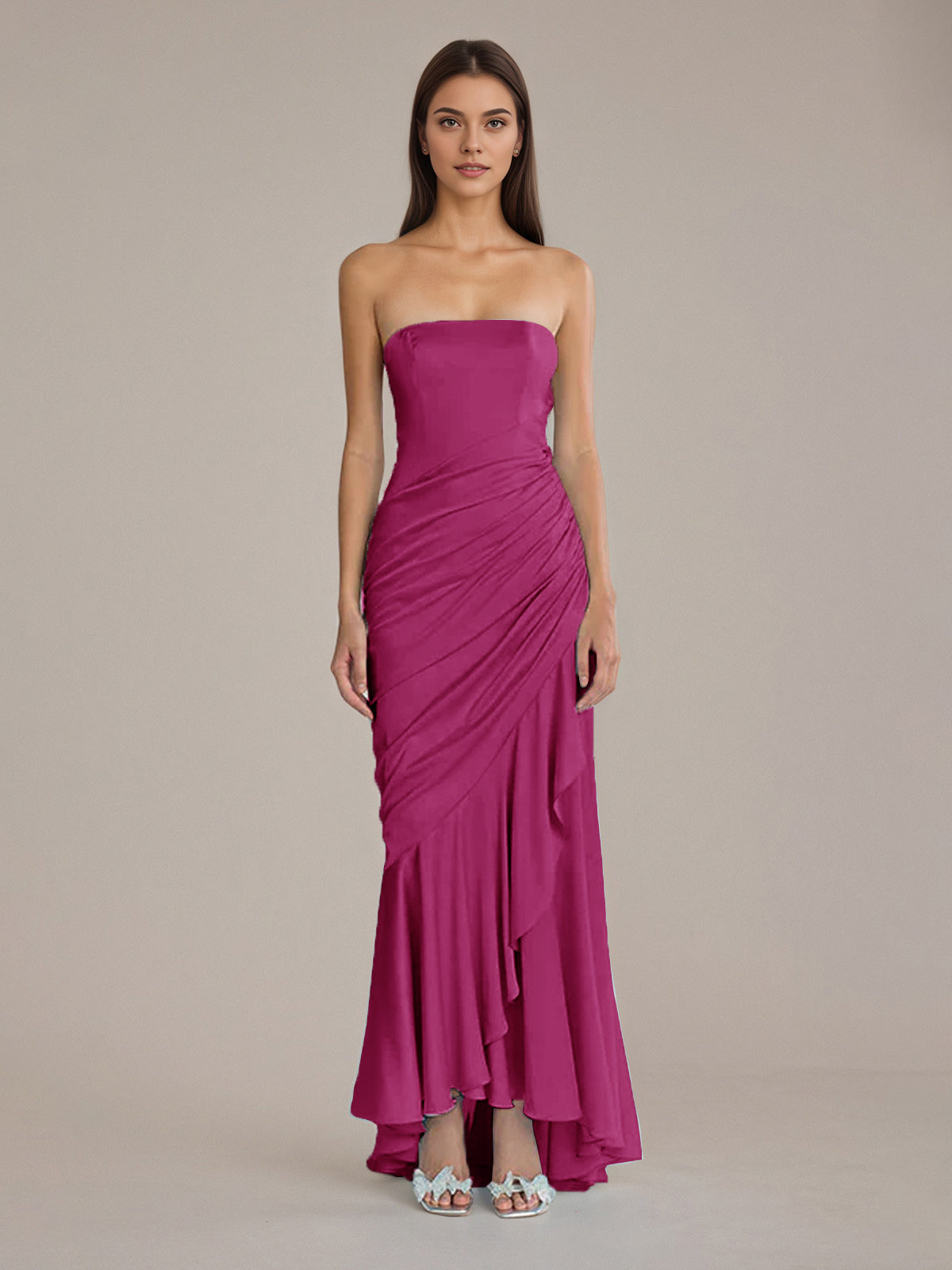 Sheath/Column Satin Off The Shoulder Sleeveless Floor Length Dresses With Ruffles