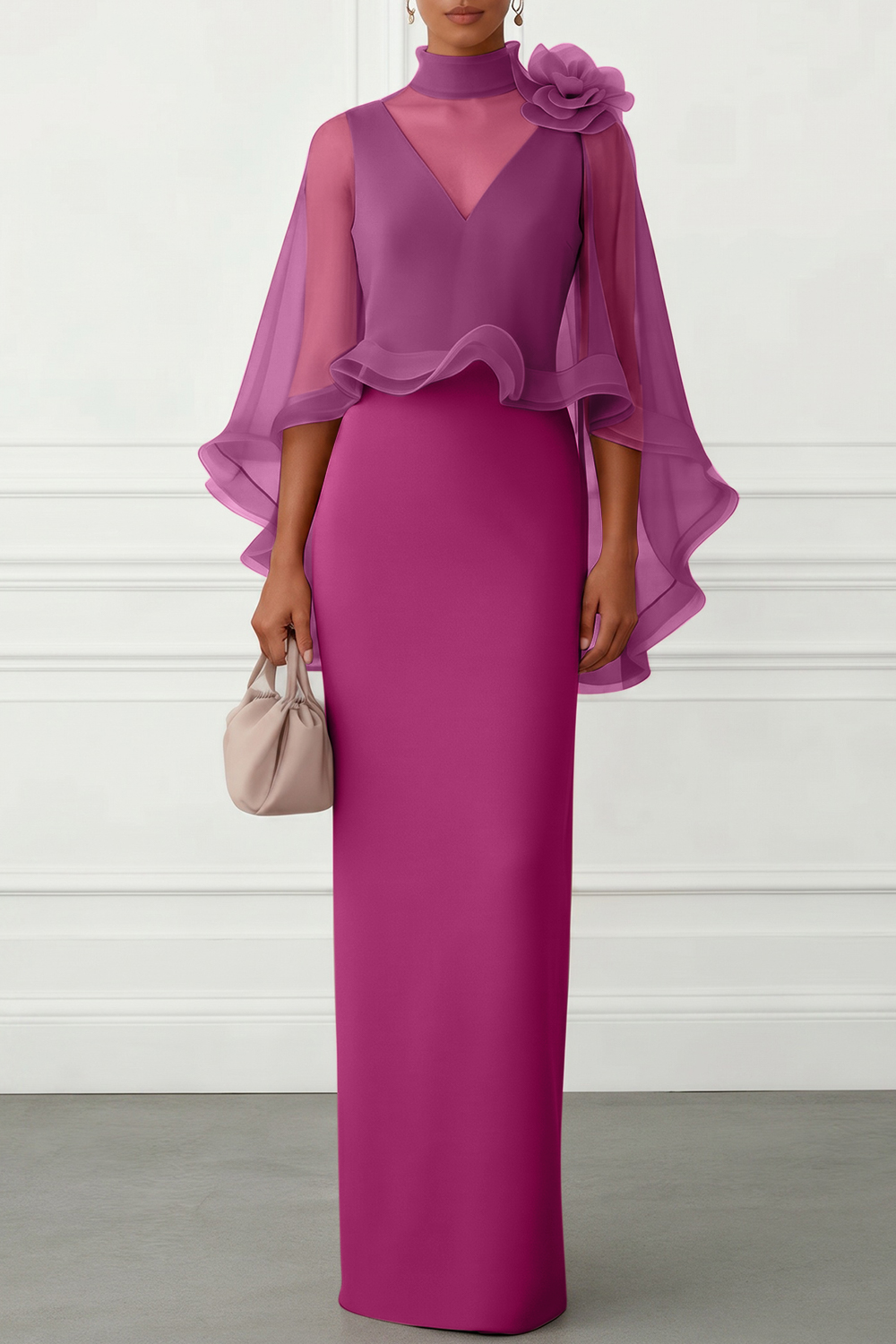 Nudepink 3D Floral Mesh Classic Mock Neck Half Sleeve Sheath Floor-length Gown Dress