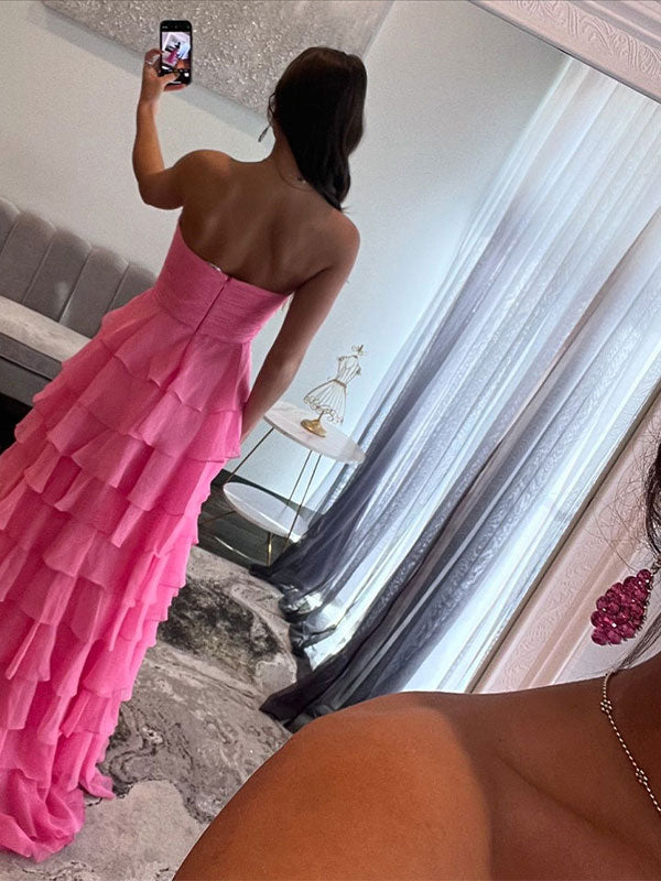 A-Line Sweetheart Chiffon Tiered Long Prom Dress with Slit