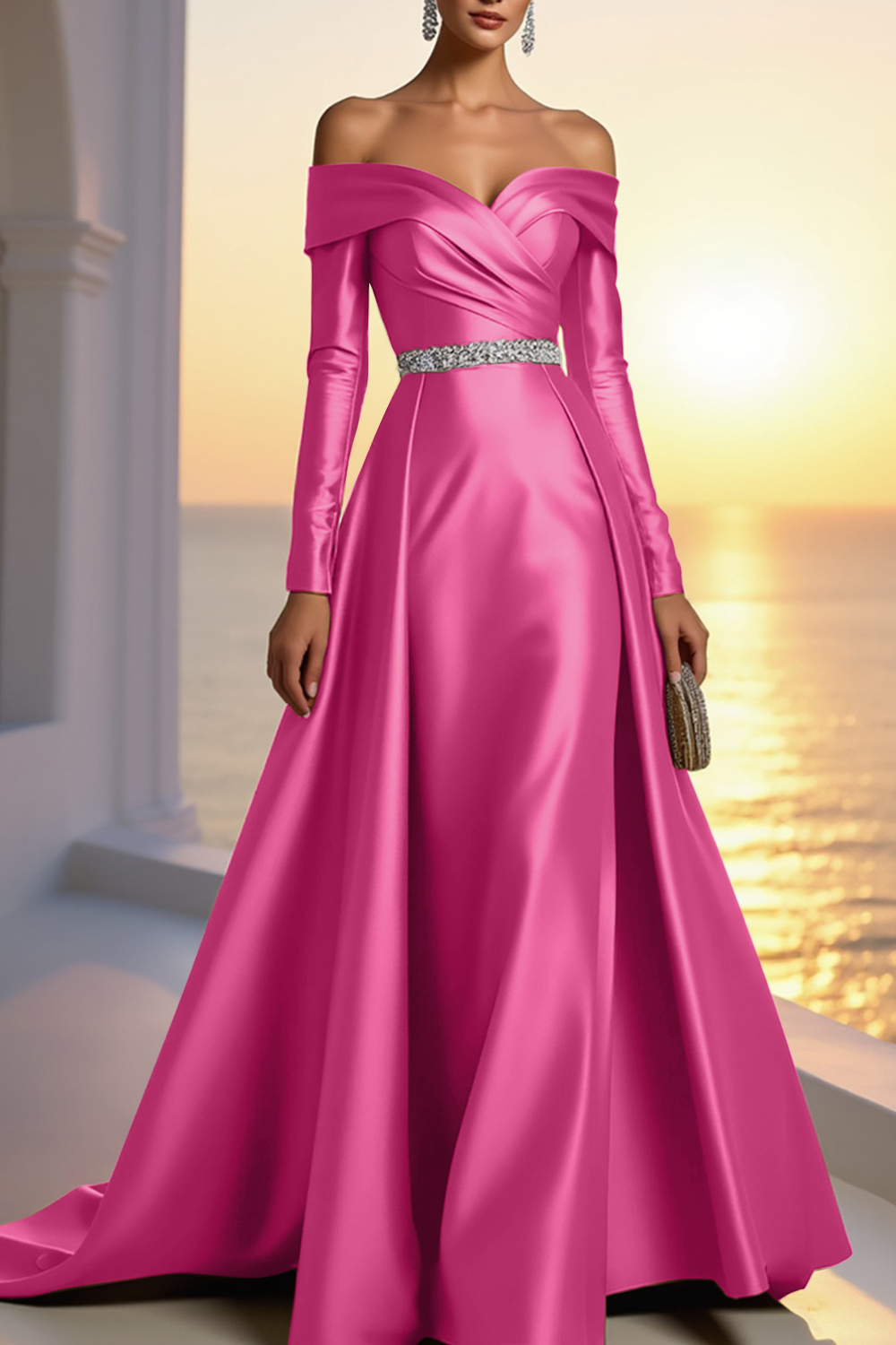 Formal Champagne Satin Dress Off The Shoulder Long Sleeve Maxi Gown