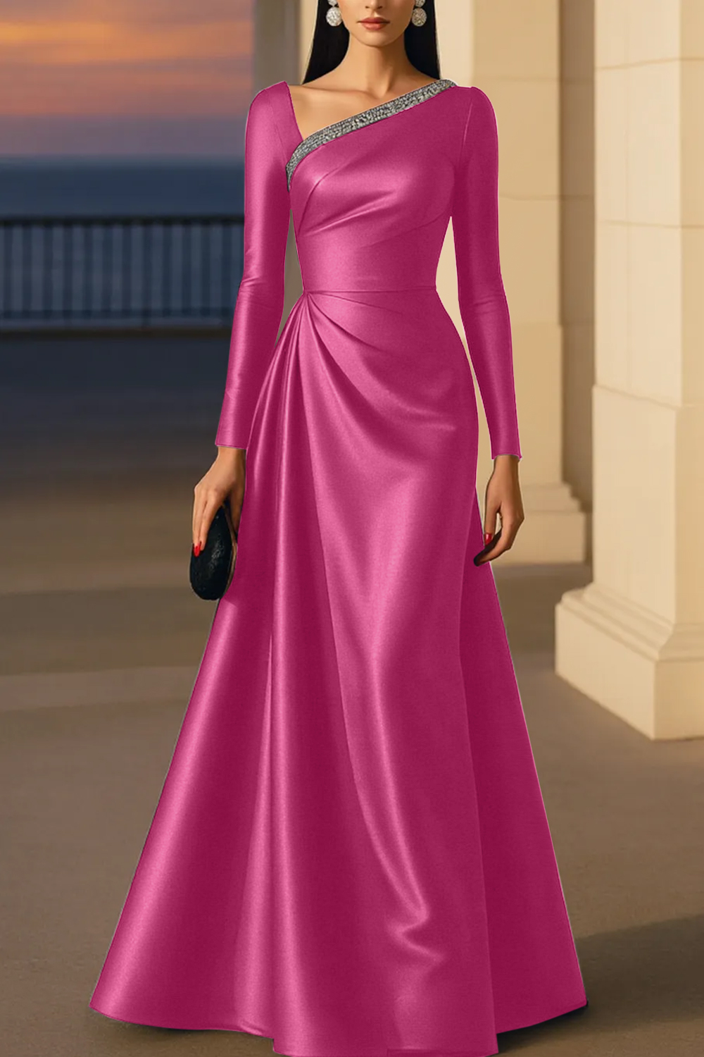 Evening Formal Burgundy Dress Asymmetrical Neck Long Sleeve Maxi Gown