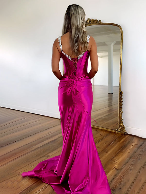 Fuchsia Mermaid Beaded Straps Lace Up Long  Prom Dress with Slit