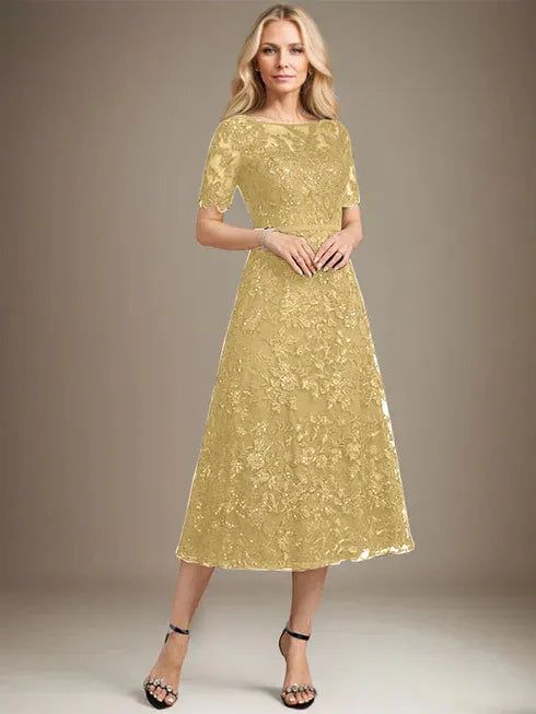 A-line Scoop Illusion Tea-Length Lace Mother of the Bride Dress With Sequins