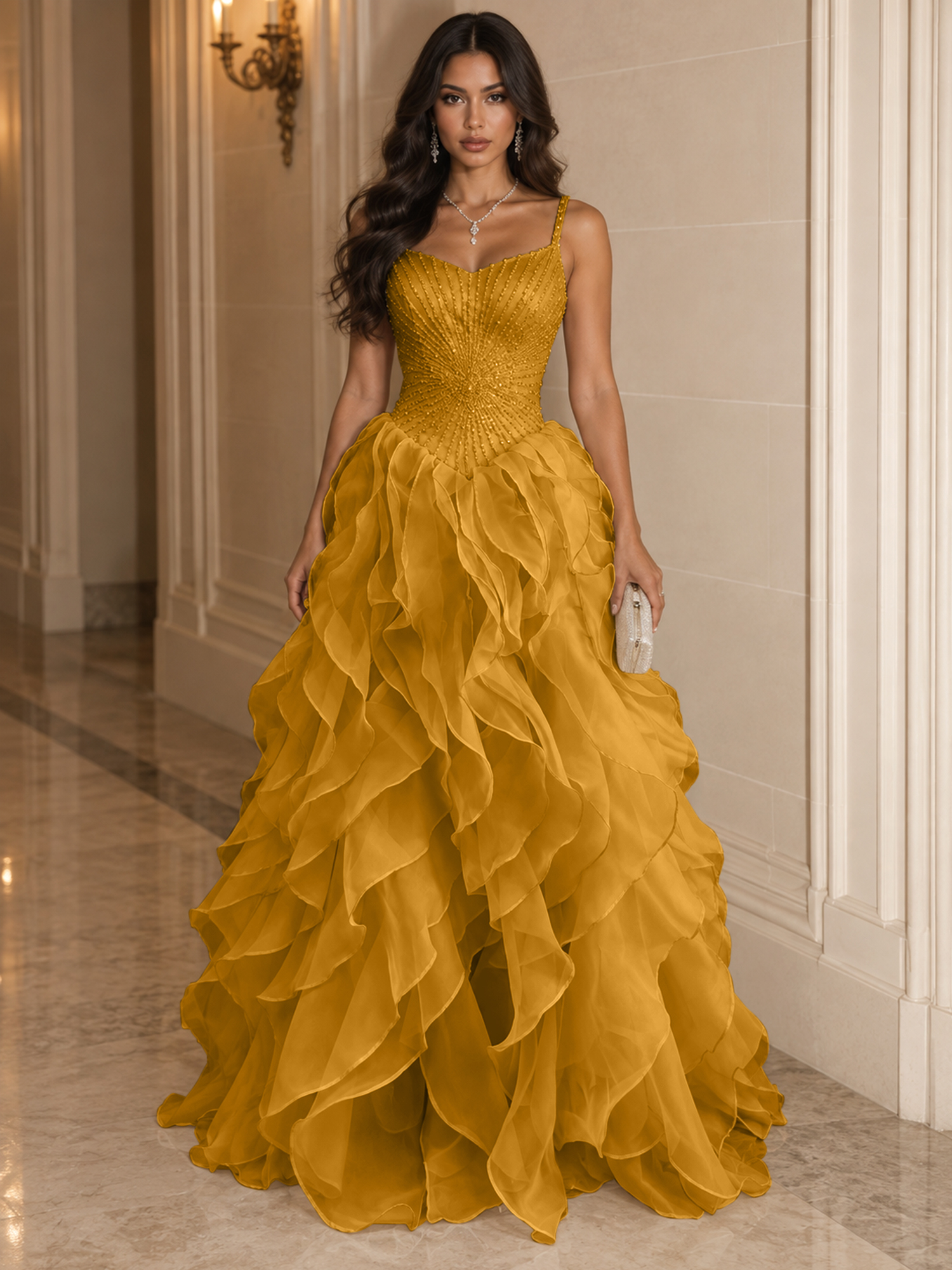 Spaghetti Straps Pleated Luxurious Maxi Evening Dresses with Beadings