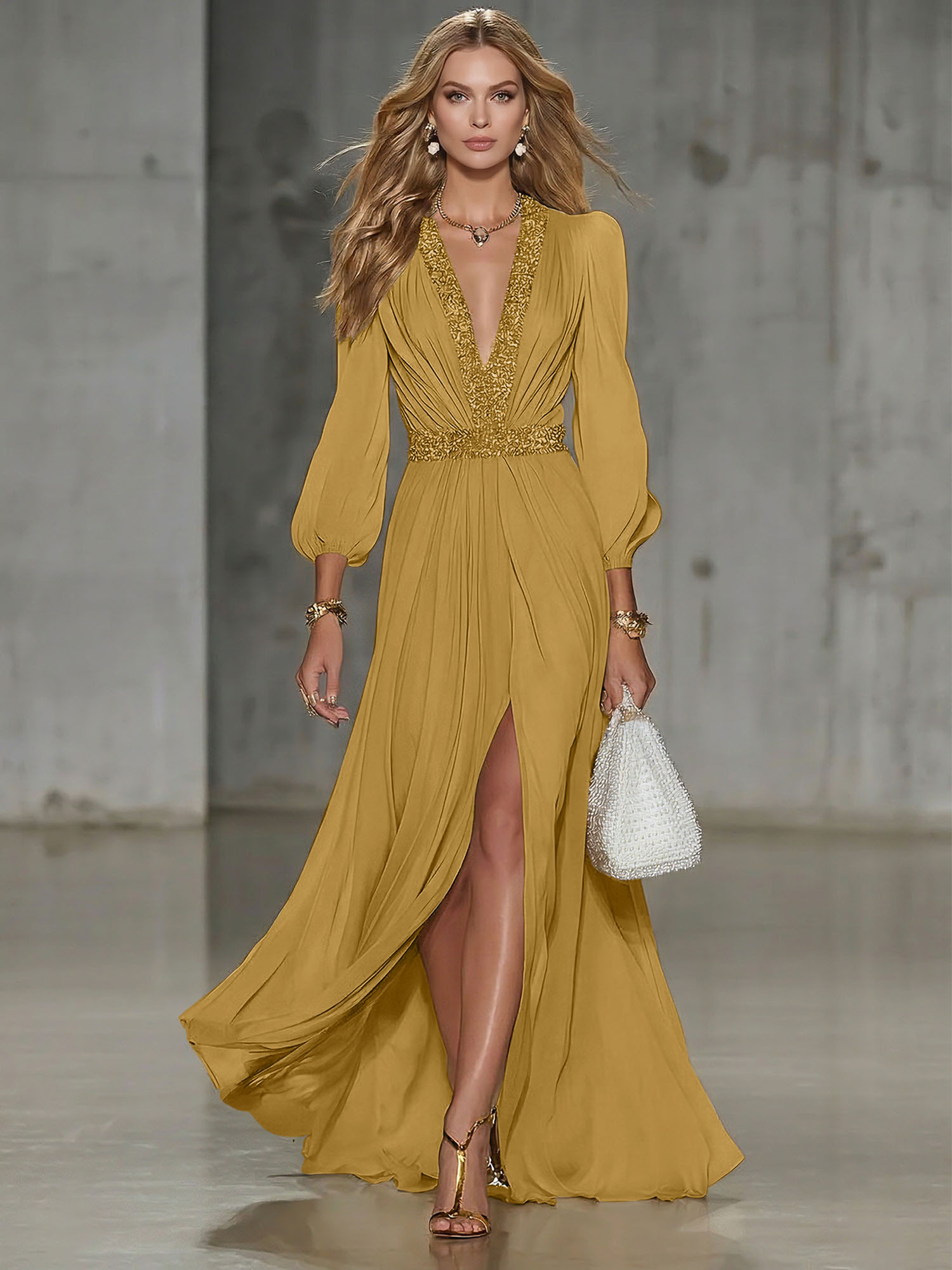 Elegant Beige Chiffon V-neck With Rhinestone Embellishments And A Side Slit Maxi Dress