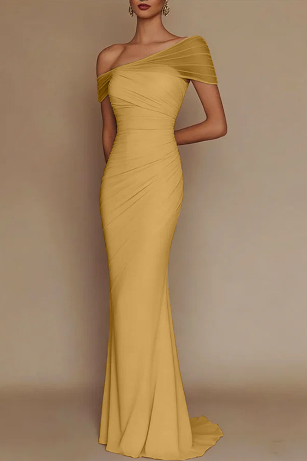 Blush Pink One-Shoulder Mesh-Patched Pleated Mermaid Maxi Dress