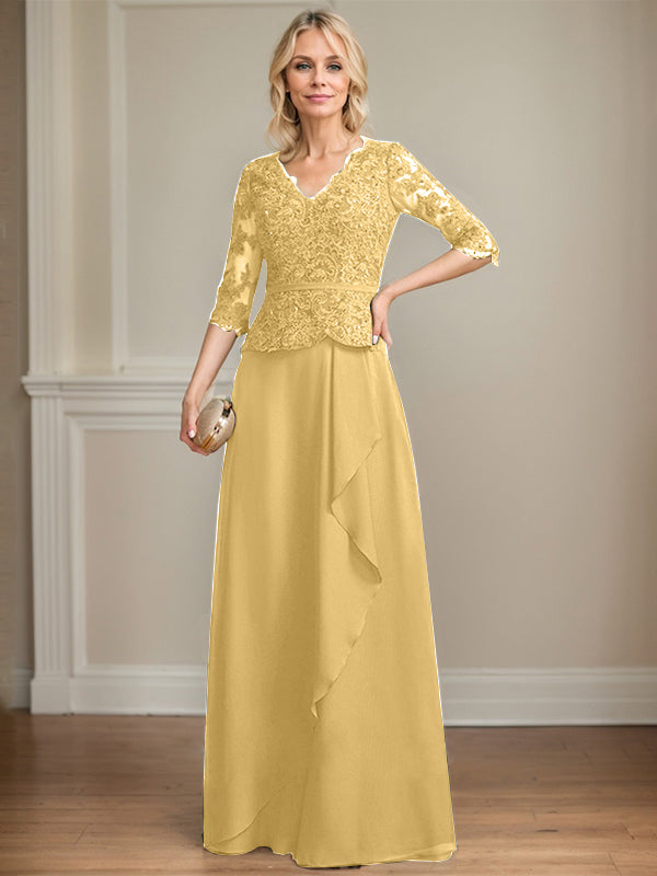 A-line V-Neck Floor-Length Lace Chiffon Mother of the Bride Dress With Cascading Ruffles Sequins