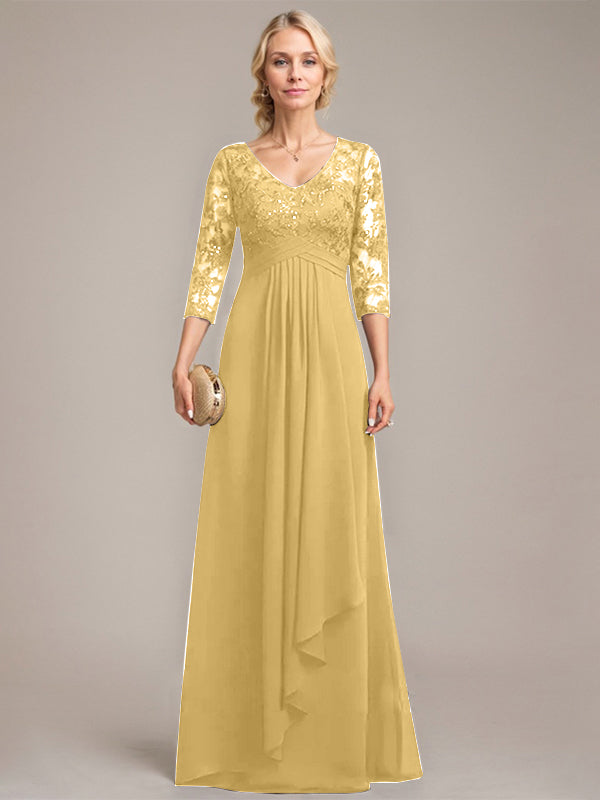 A-line V-Neck Floor-Length Lace Chiffon Mother of the Bride Dress With Cascading Ruffles Sequins