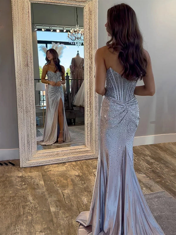 Green Mermaid Strapless Corset Beaded Prom Dress with Slit