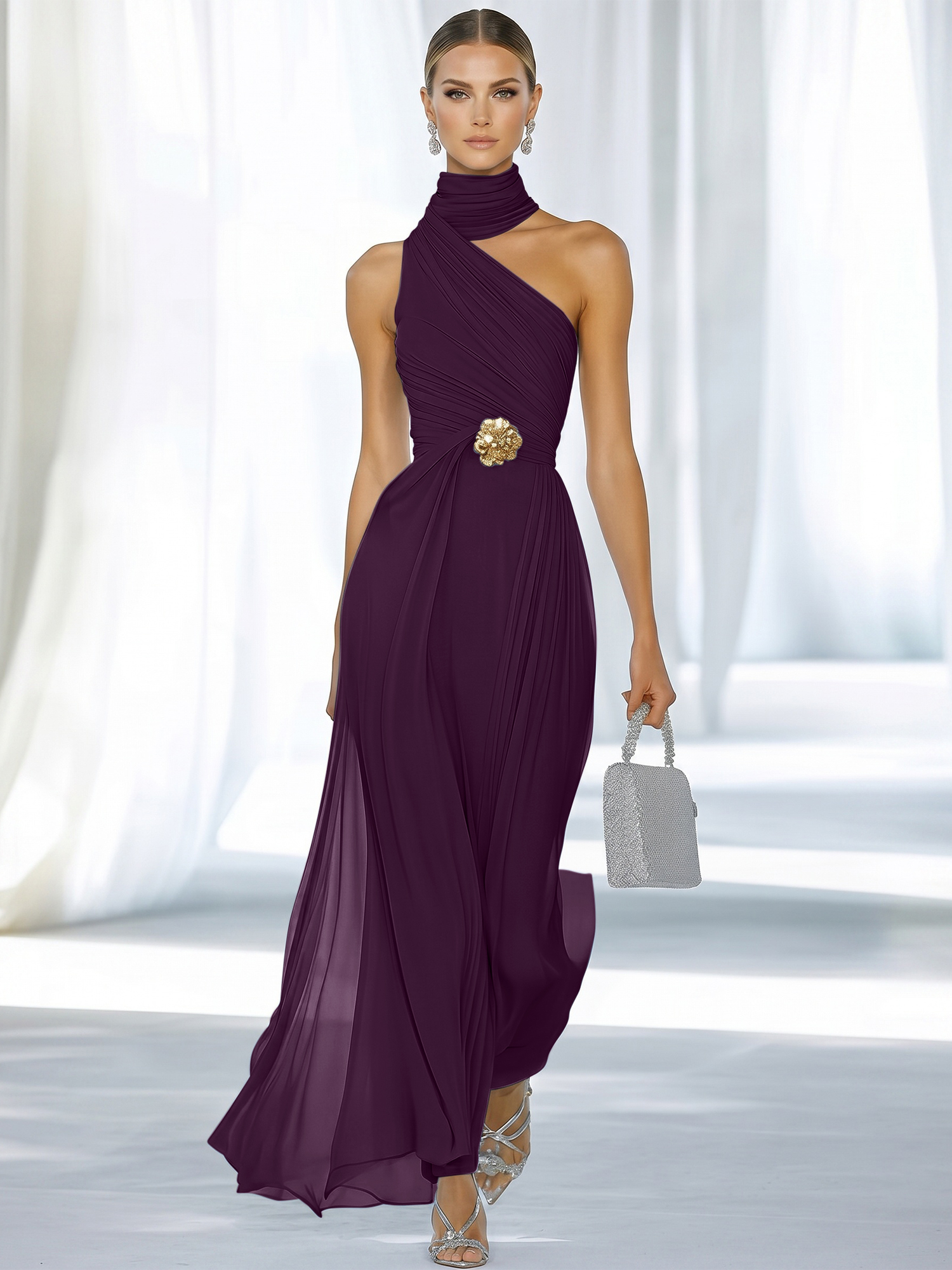 Sky Blue One-Shoulder High-Neck Ruched Chiffon Maxi Dress