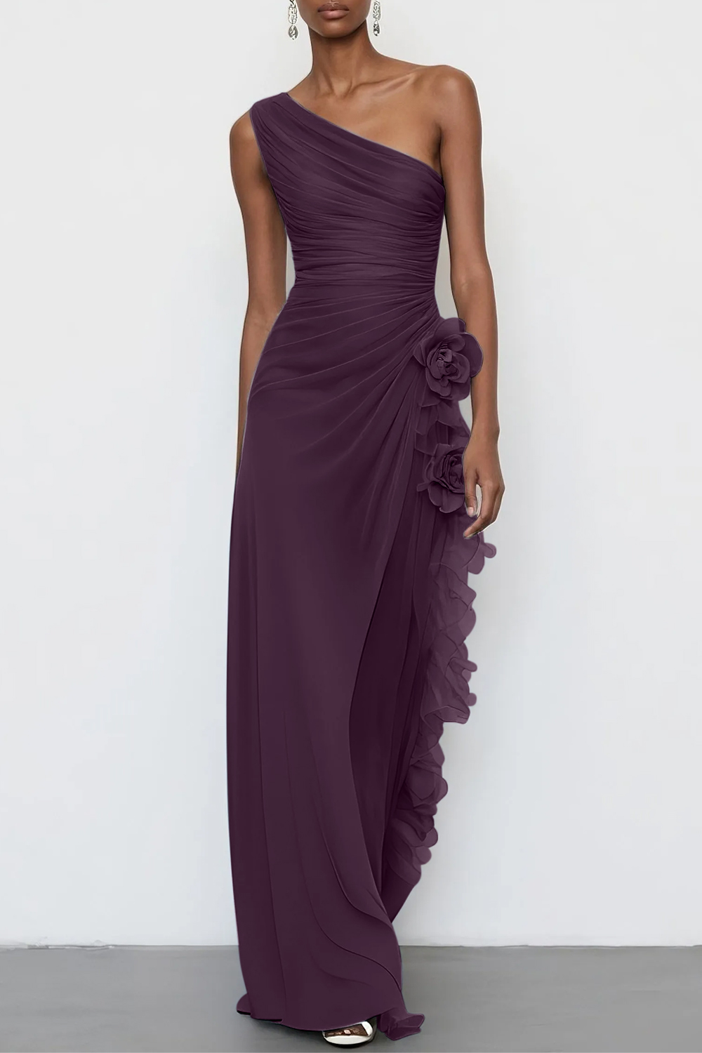 3D Floral Chiffon One Shoulder Sleeveless Sheath Maxi Dress