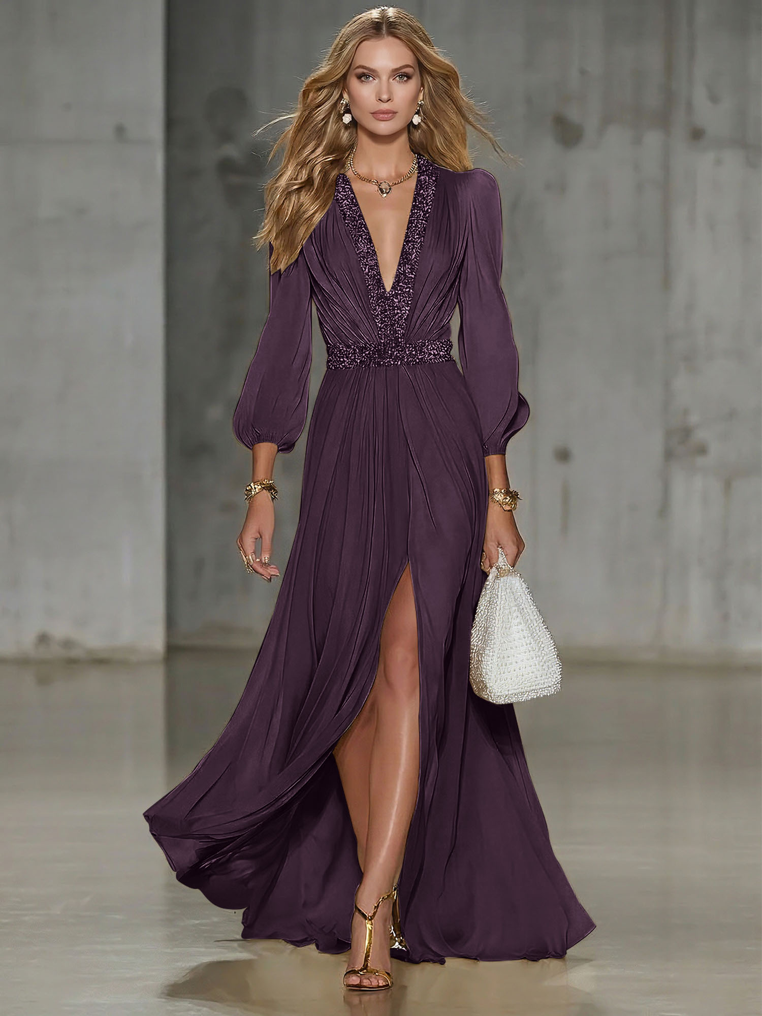 Elegant Beige Chiffon V-neck With Rhinestone Embellishments And A Side Slit Maxi Dress