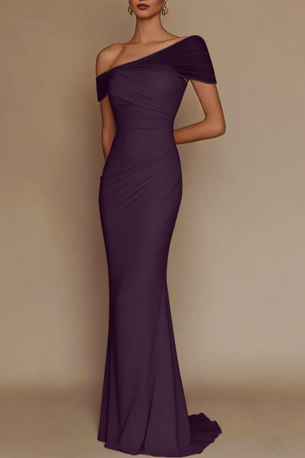 Blush Pink One-Shoulder Mesh-Patched Pleated Mermaid Maxi Dress