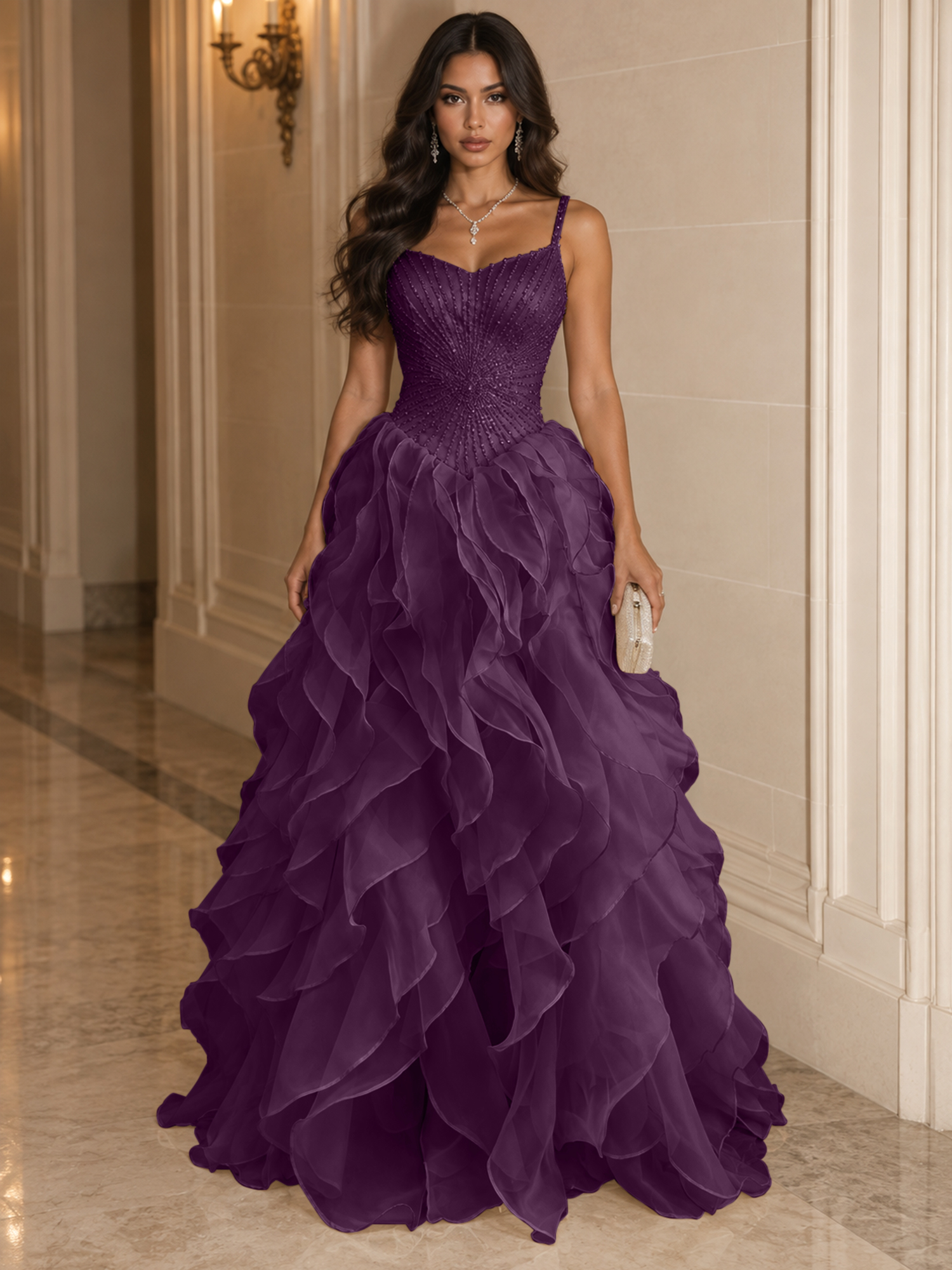Spaghetti Straps Pleated Luxurious Maxi Evening Dresses with Beadings
