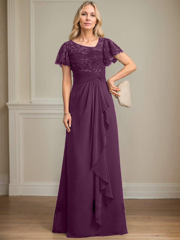 A-line Asymmetrical Illusion Floor-Length Lace Chiffon Mother of the Bride Dress With Cascading Ruffles Sequins