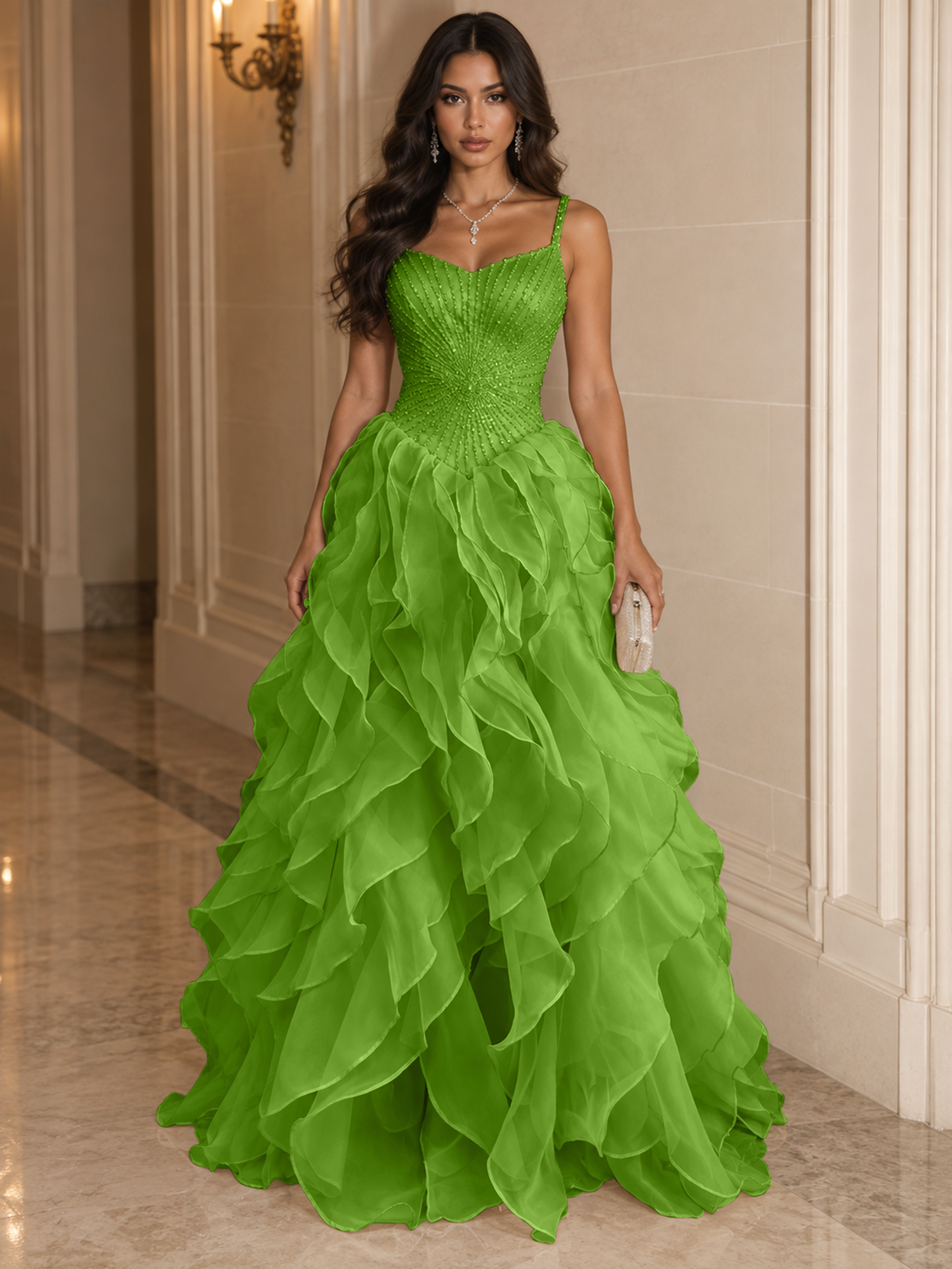 Spaghetti Straps Pleated Luxurious Maxi Evening Dresses with Beadings