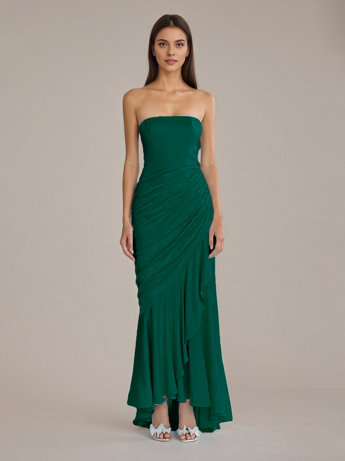Sheath/Column Satin Off The Shoulder Sleeveless Floor Length Dresses With Ruffles