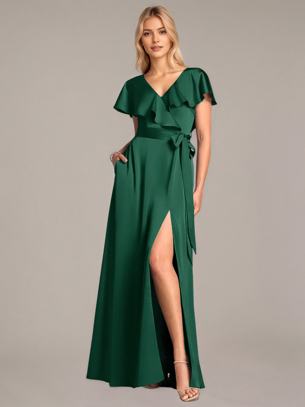 A Line Satin V Neck Short Sleeves Floor Length Dresses With Ruffles