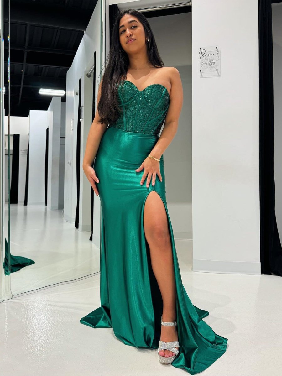 Blue Mermaid Spaghetti Straps Beaded Sweetheart Long Prom Dress with Slit