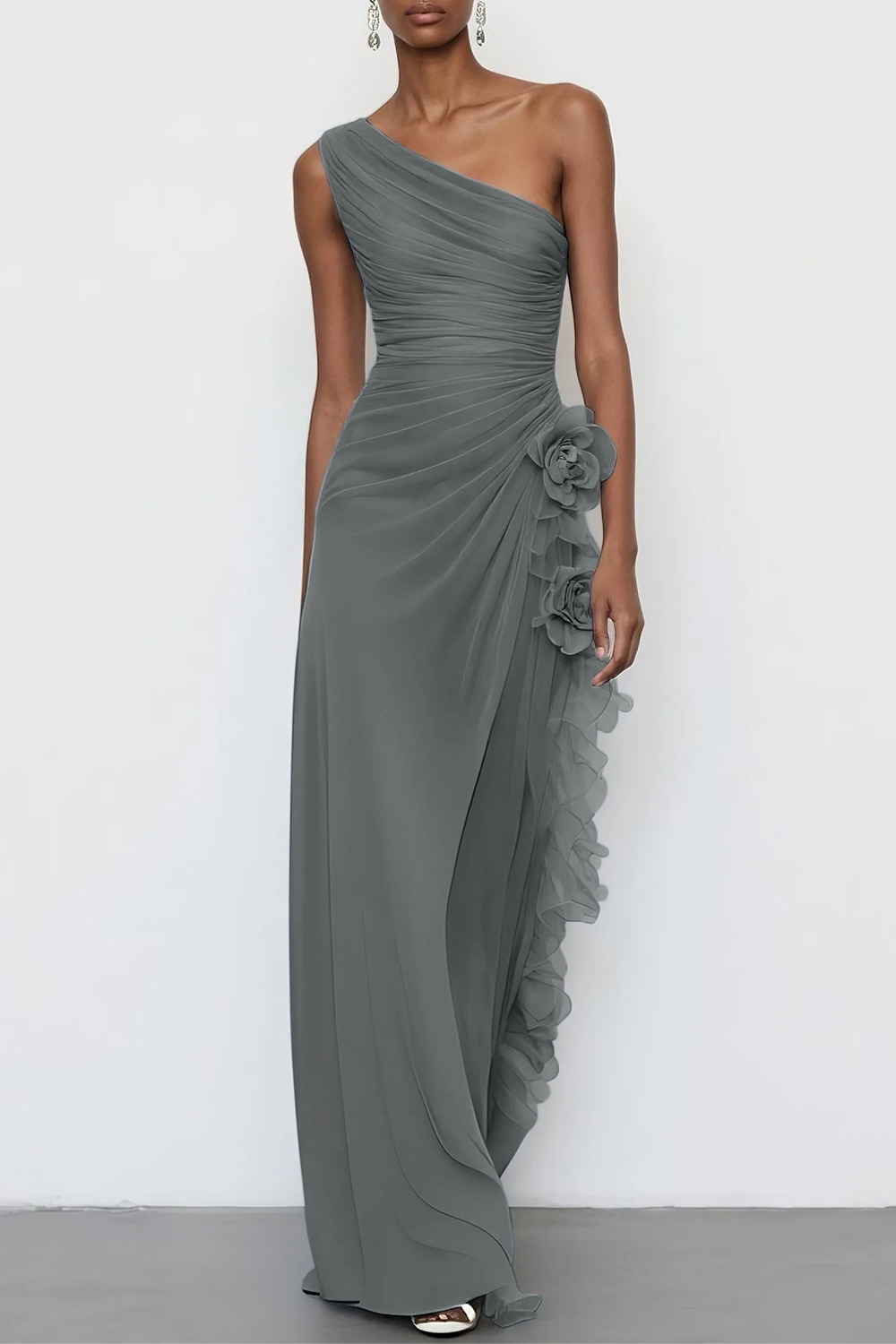 3D Floral Chiffon One Shoulder Sleeveless Sheath Maxi Dress