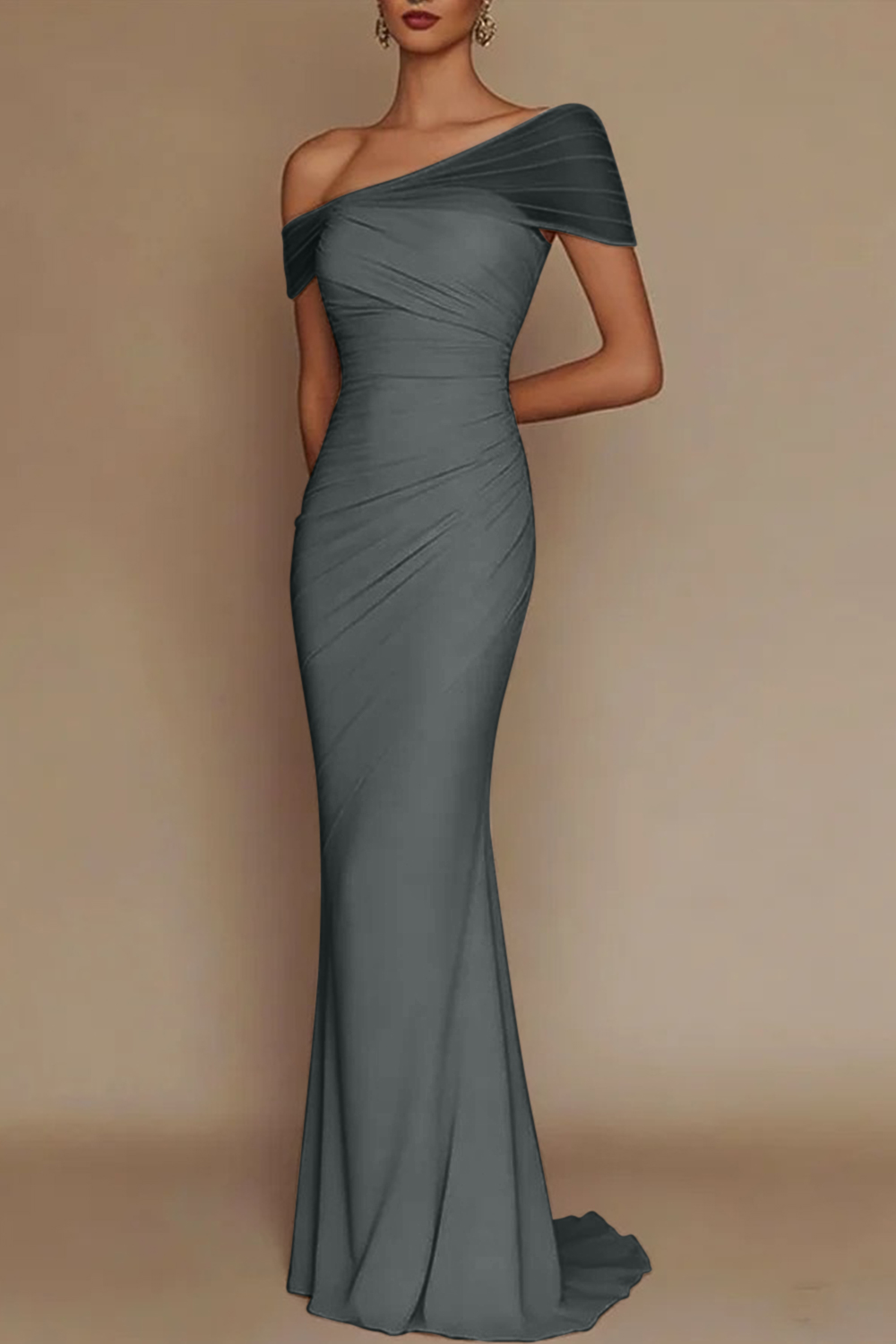 Blush Pink One-Shoulder Mesh-Patched Pleated Mermaid Maxi Dress