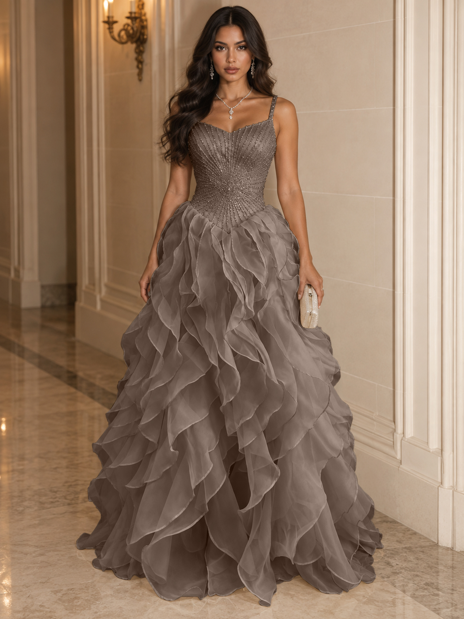 Spaghetti Straps Pleated Luxurious Maxi Evening Dresses with Beadings