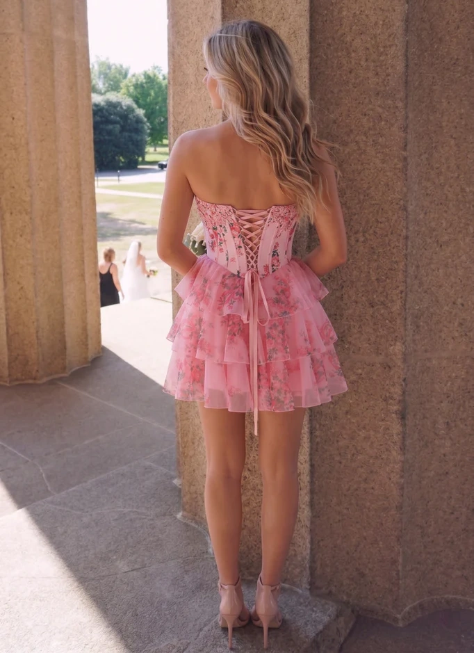 Women Pink Floral Strapless Corset Mini Dress Tiered Tulle Ruffle Party Dress