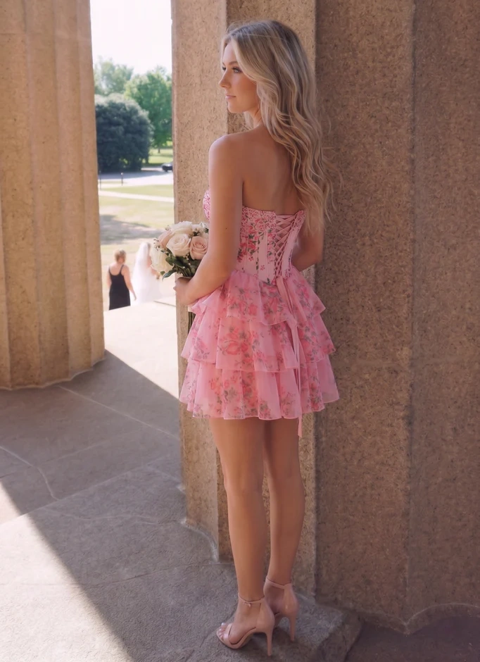 Women Pink Floral Strapless Corset Mini Dress Tiered Tulle Ruffle Party Dress