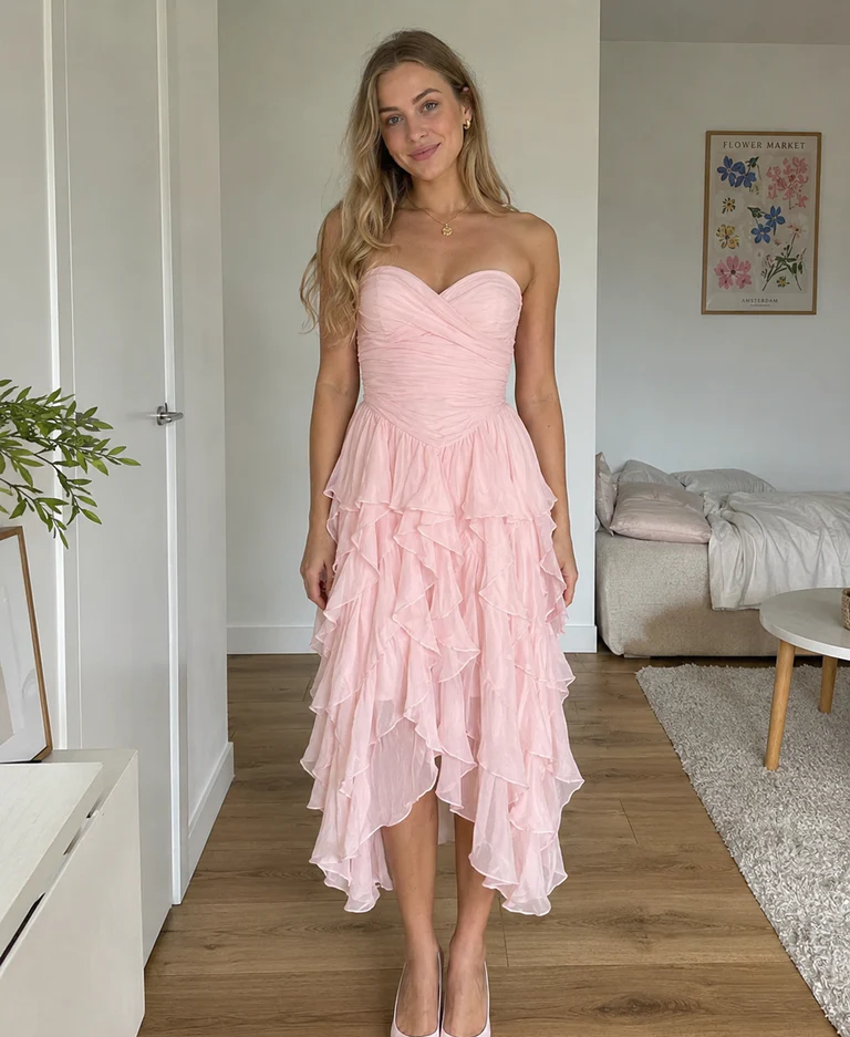 Women Pink Chiffon Strapless Midi Dress Ruched Asymmetric Ruffle Hem Mini Dress