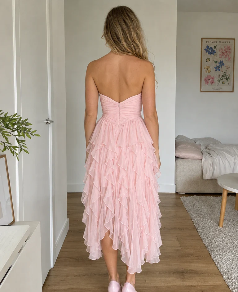Women Pink Chiffon Strapless Midi Dress Ruched Asymmetric Ruffle Hem Mini Dress