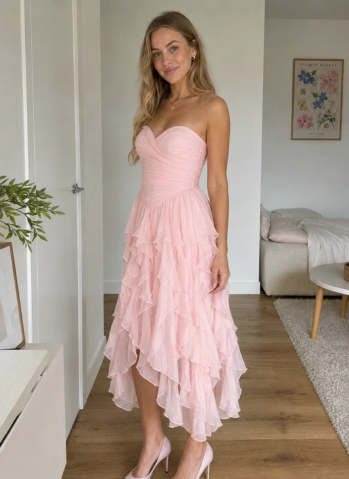 Women Pink Chiffon Strapless Midi Dress Ruched Asymmetric Ruffle Hem Mini Dress