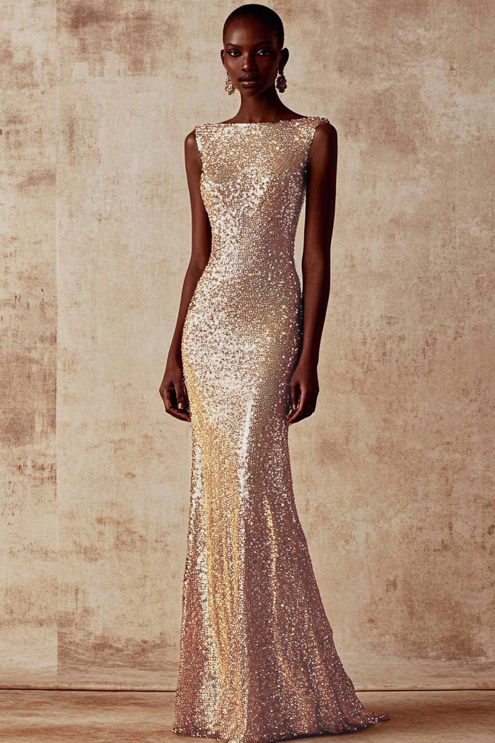 Formal Evening Dress Gold Sequin Sleeveless Mermaid Maxi Dress