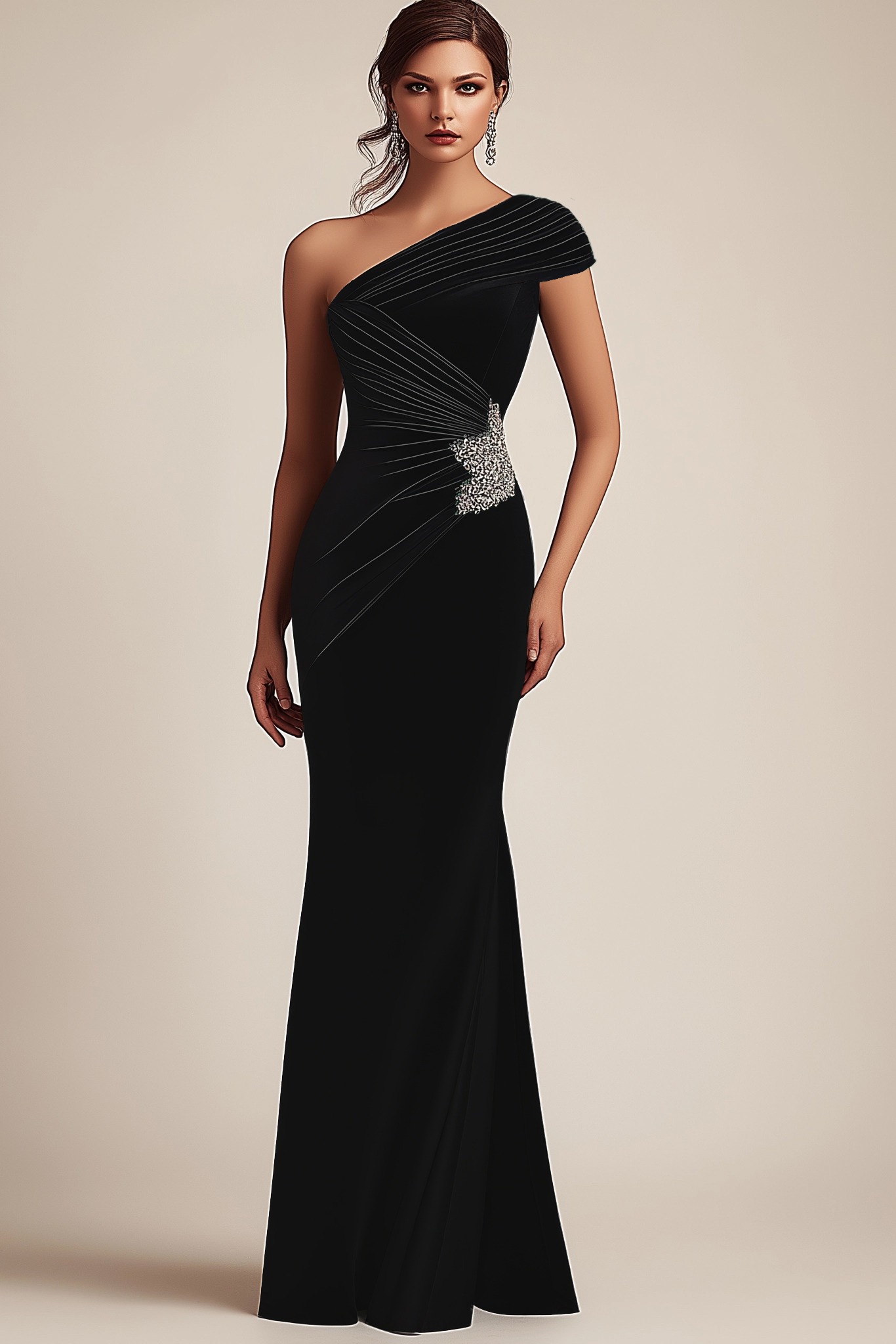 Formal Evening Dress Green One Shoulder Pleated Rhinestone Maxi Gown