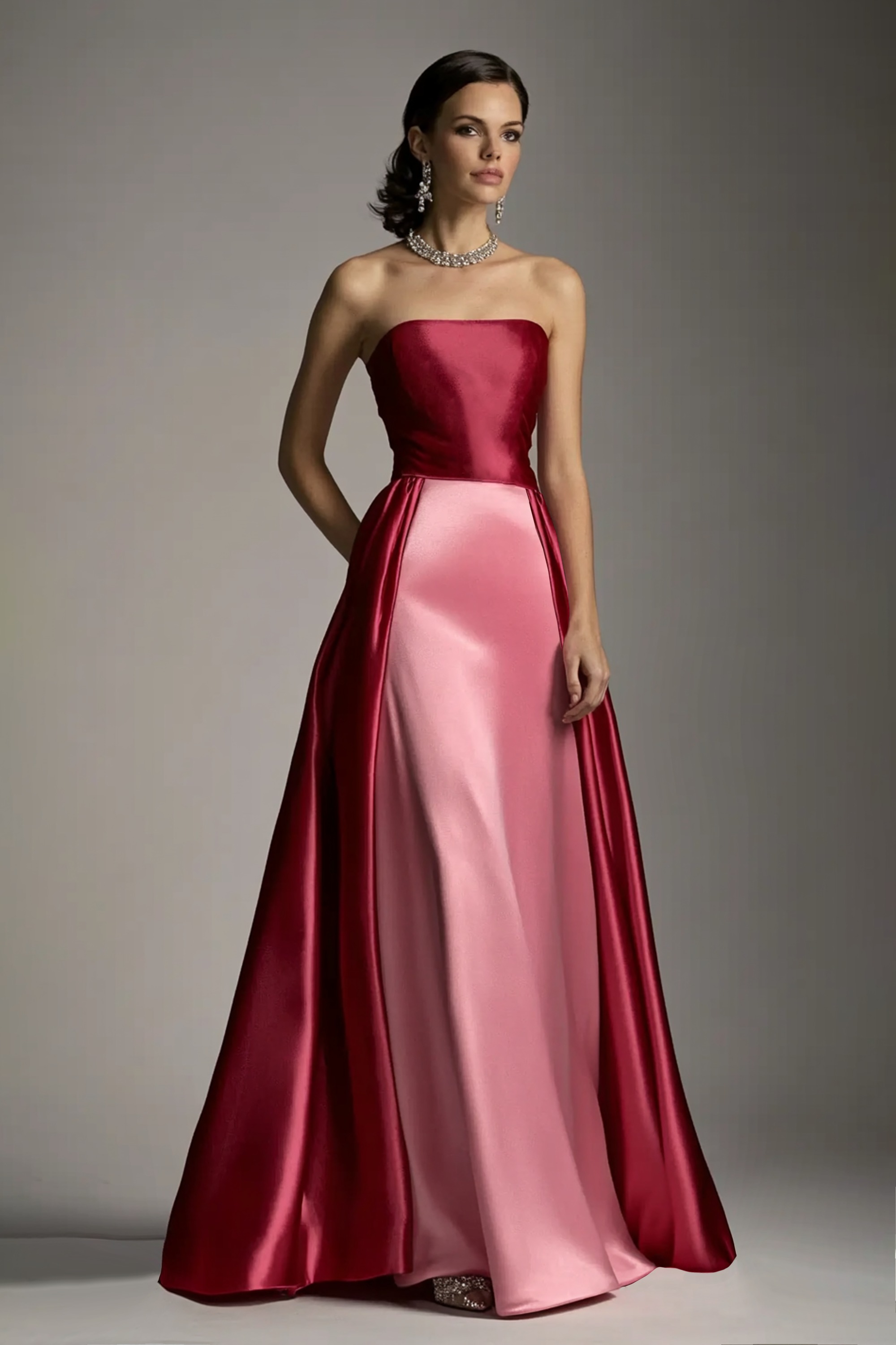 Formal Evening Dress Rose Pink Colorblock Strapless A-Line Floor Dress
