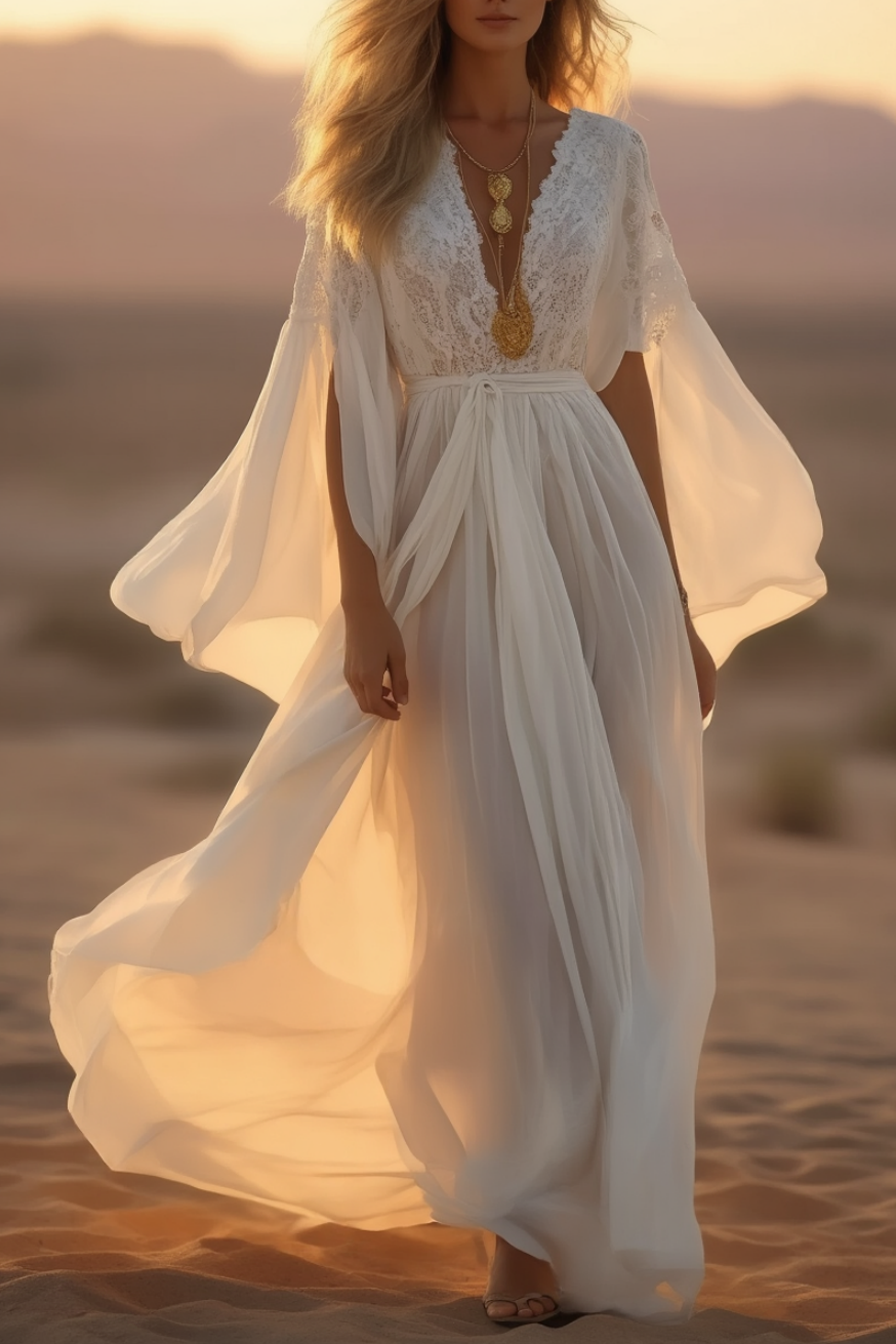 Bohemian Swing Dress White Deep V Lace Maxi Dress