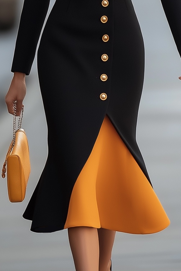Work Dress Black V Neck Orange Hem Mermaid Button Long Sleeve Midi Dress