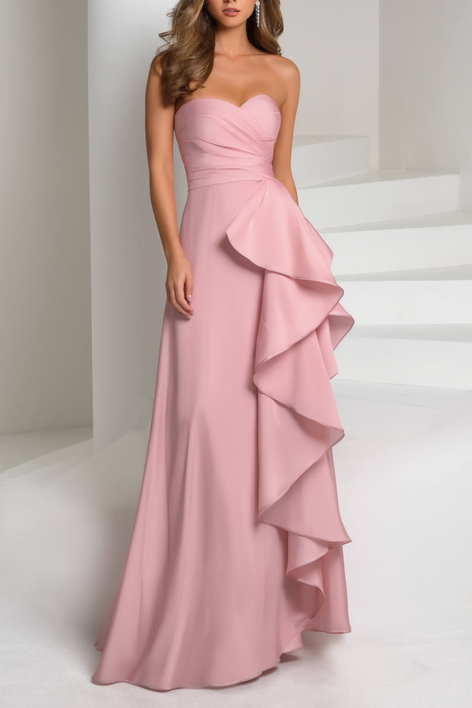 Formal Evening Dress Pink Strapless Ruffle Maxi Dress