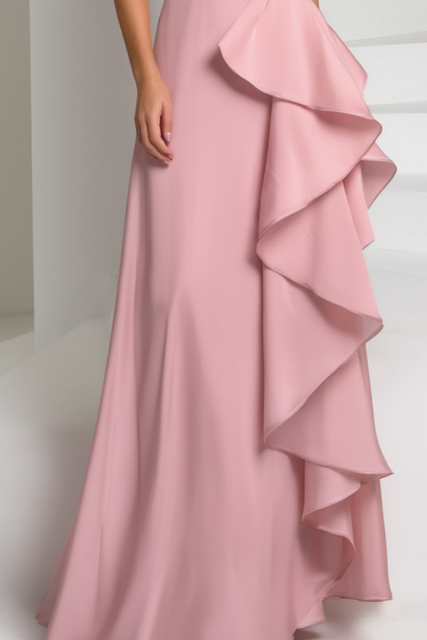 Formal Evening Dress Pink Strapless Ruffle Maxi Dress