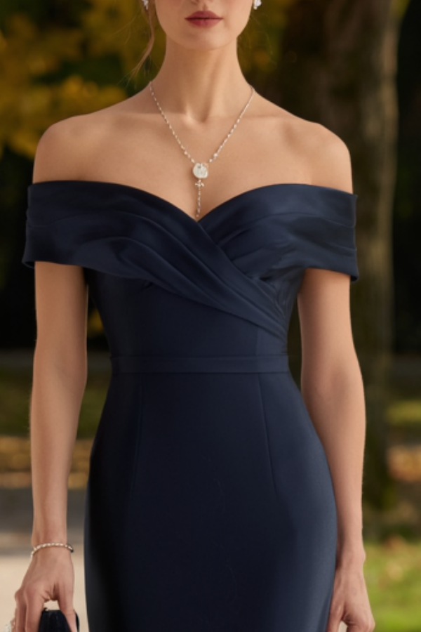 Formal ​Wedding Guest Dress Navy Off Shoulder Maxi Mermaid Dress