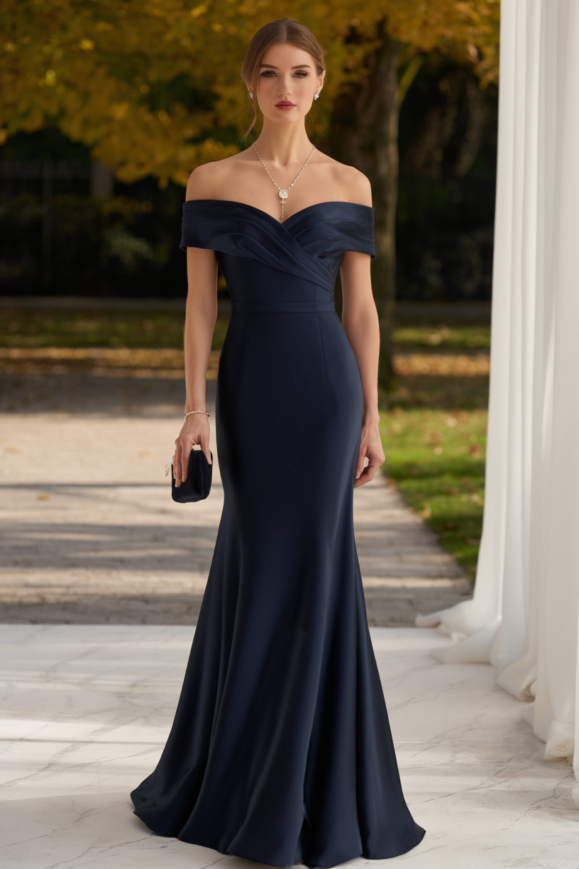 Formal ​Wedding Guest Dress Navy Off Shoulder Maxi Mermaid Dress