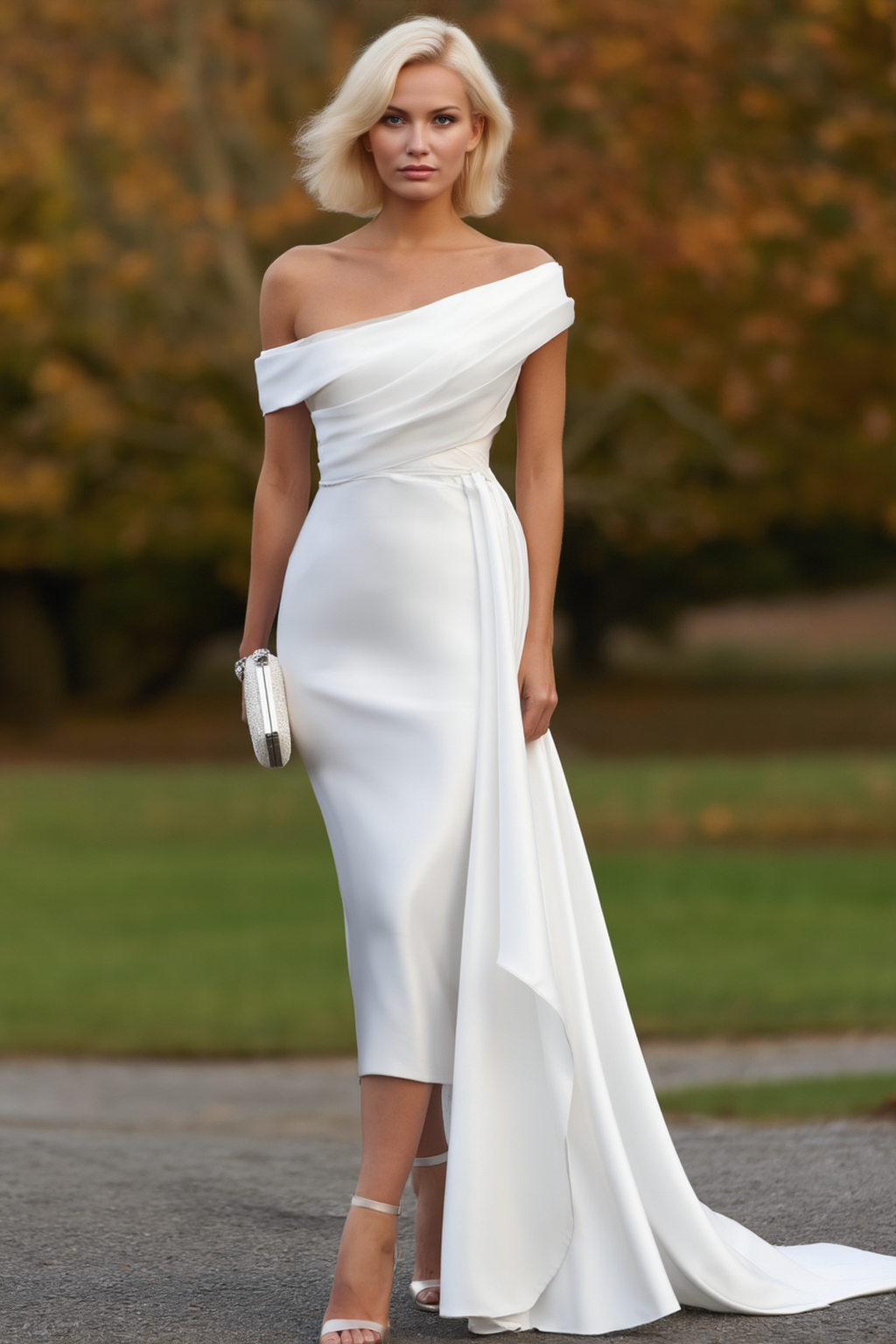 Wedding Dress White Off Shoulder with Train Midi Dress