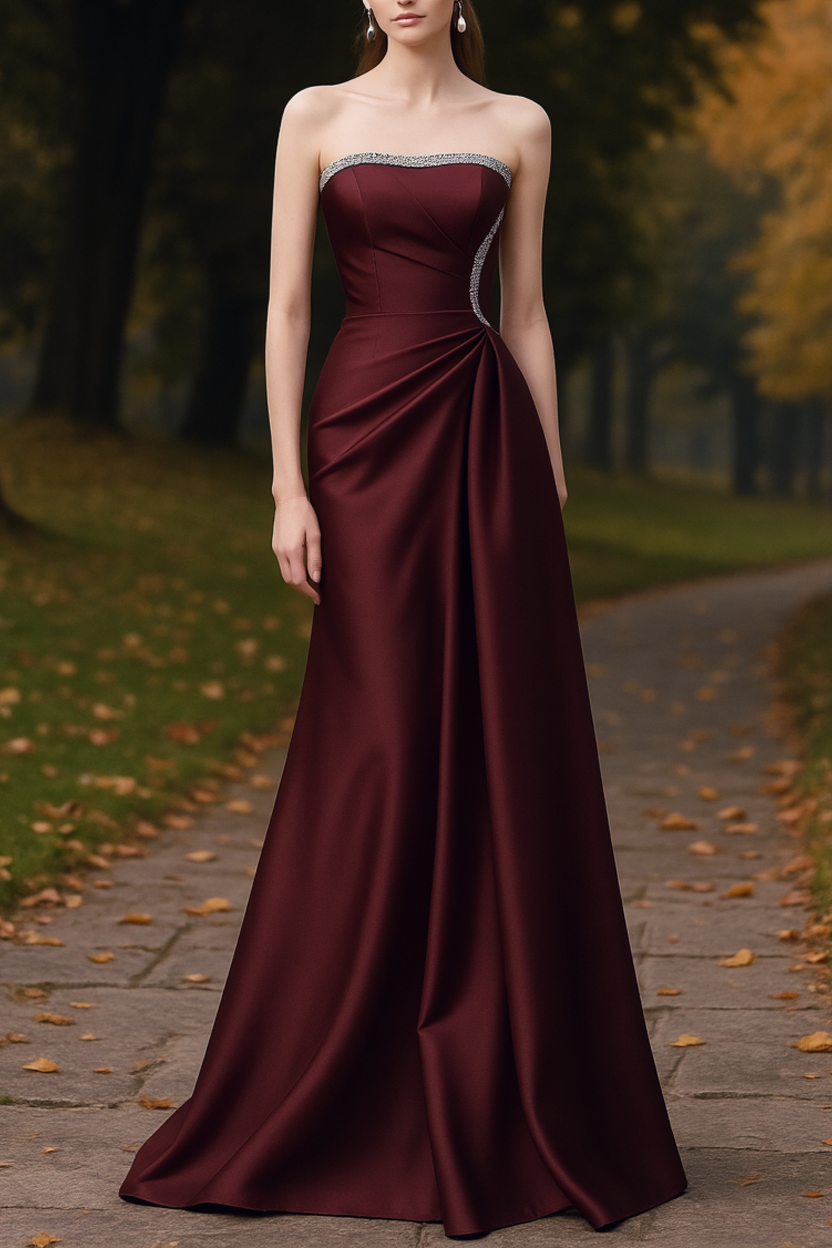 Formal ​Evening Dress Burgundy Strapless Rhinestones Maxi Dress
