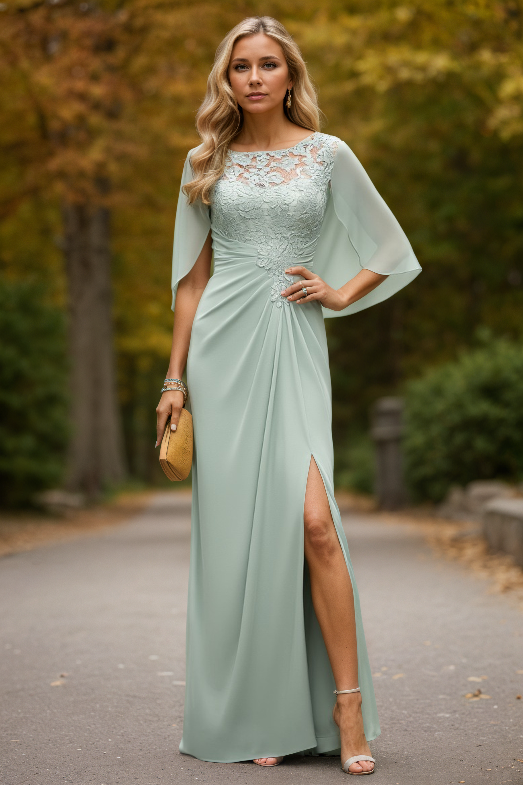 Wedding Dress Green Crew Neck Lace Maxi Mother of the Bride Dress