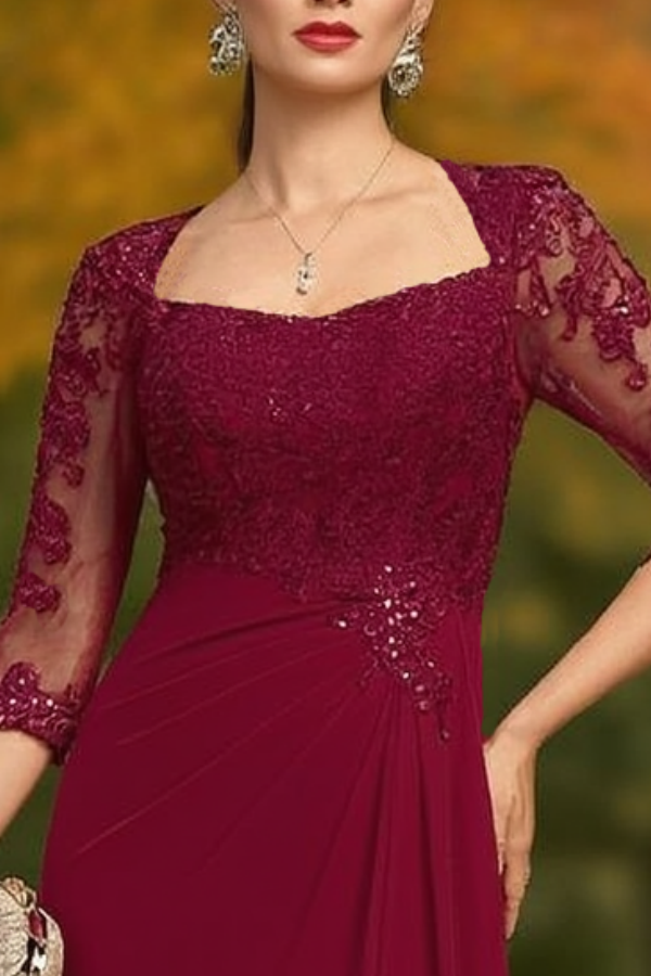 Wedding Dress Burgundy Sweetheart Neck Lace Maxi Mother of the Bride Dress