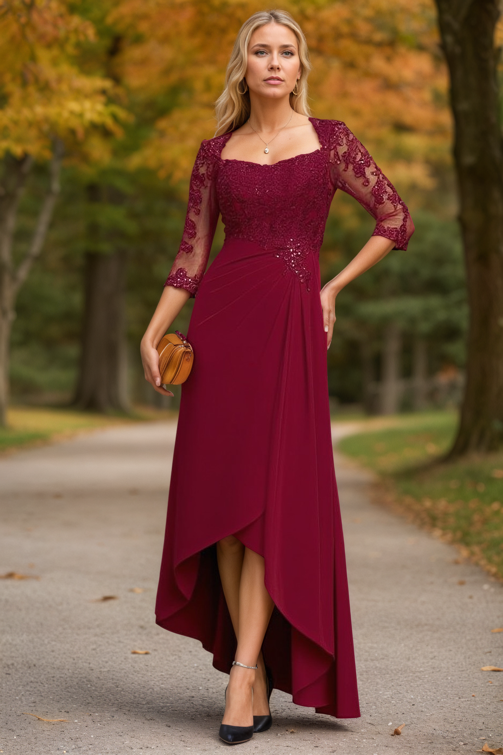 Wedding Dress Burgundy Sweetheart Neck Lace Maxi Mother of the Bride Dress